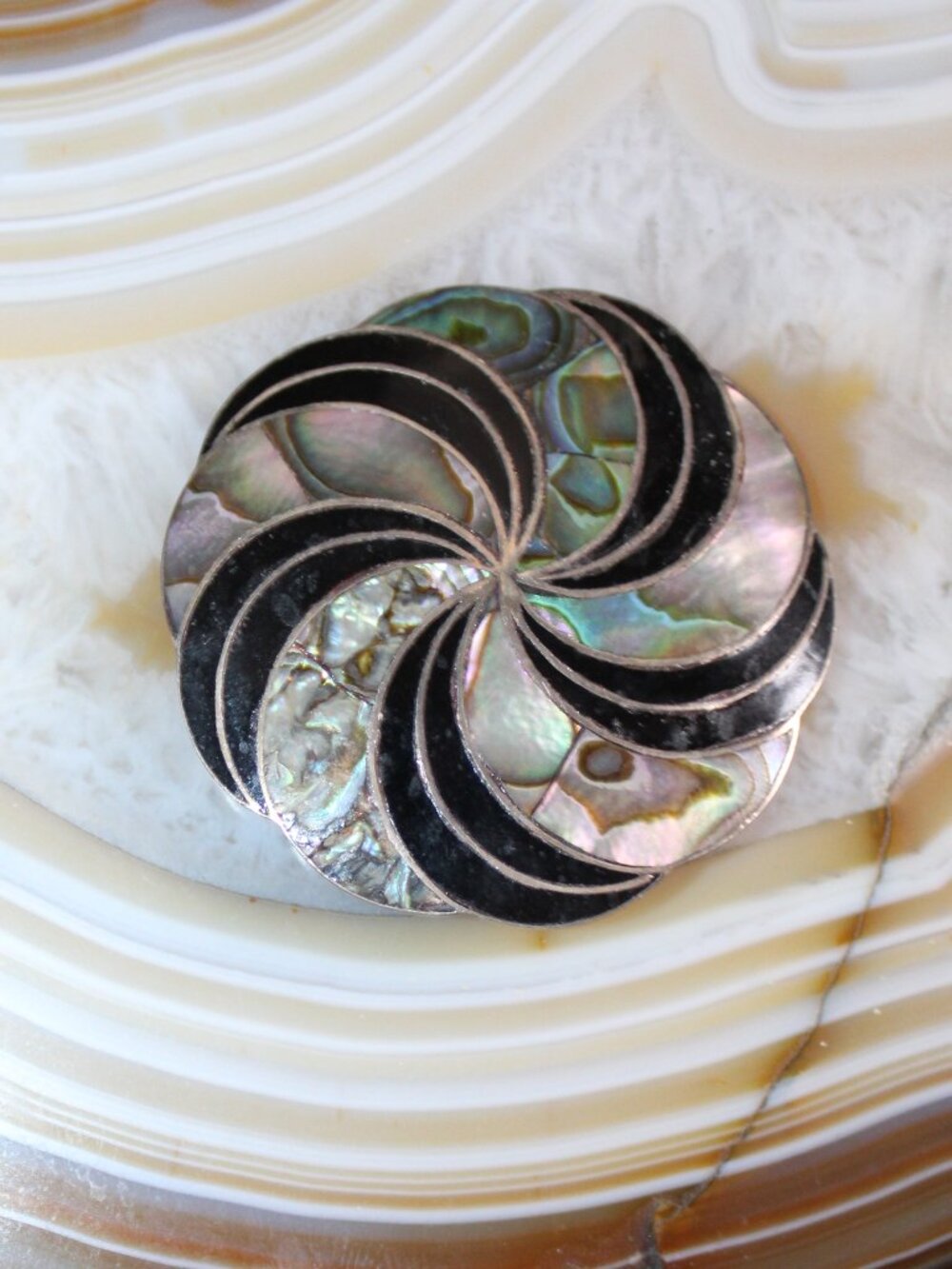 Vtg Taxco Mexico 925 Sterling Silver Abalone Swirl 1.75" Round Brooch Pendant